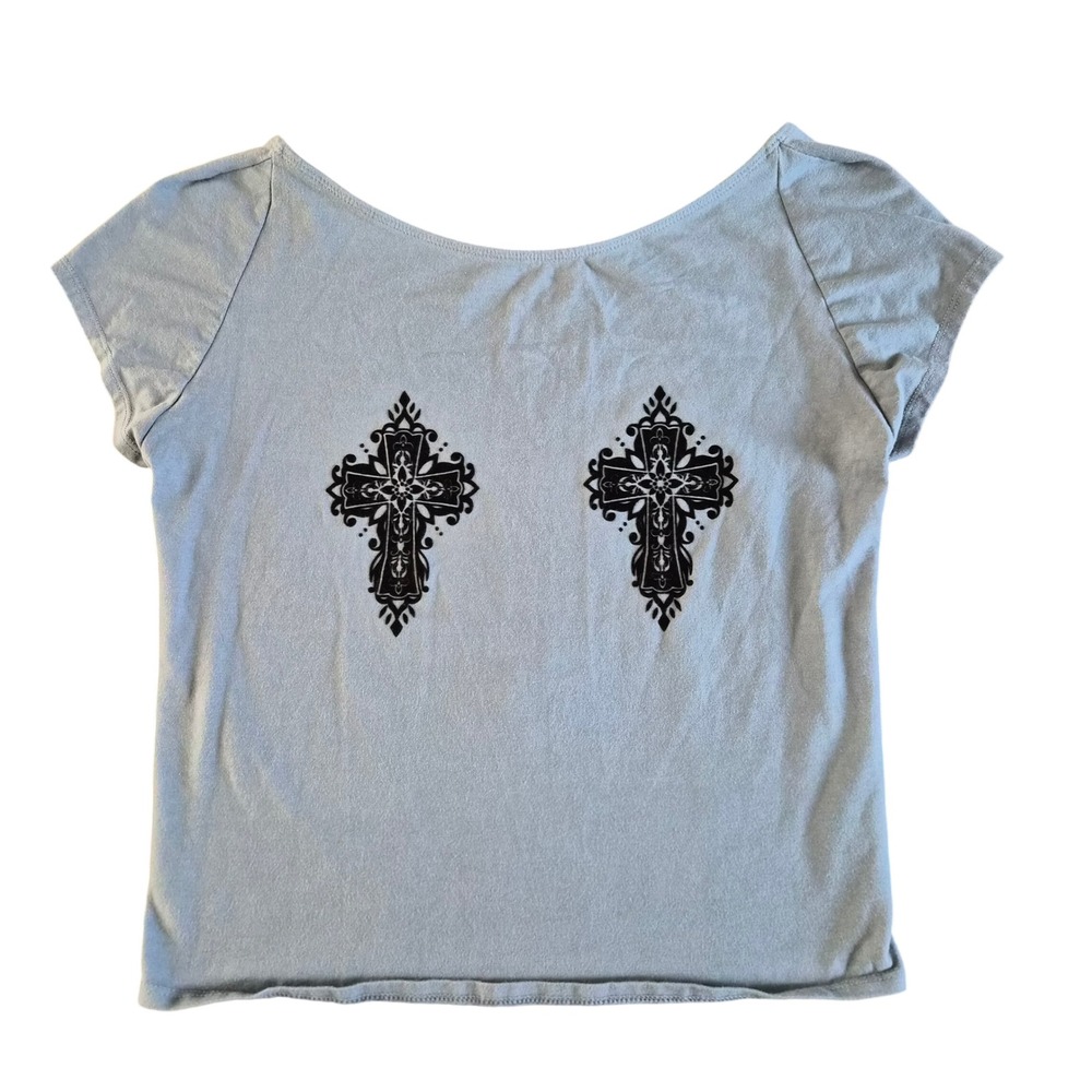 Kimchi Blue Gothic Velvet Cross Open Back Tee Blue Y2K Cap Sleeve Top Large
